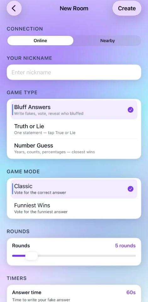 Create room screen with mode and pack pickers