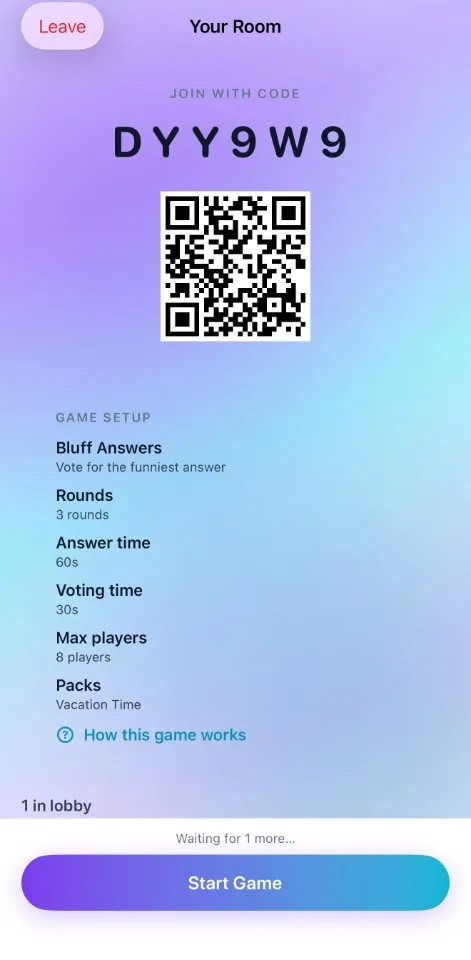 Lobby screen with room code and QR code