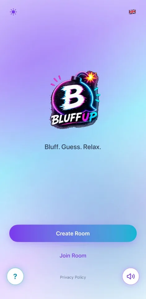 BluffUp welcome screen with Matchmaking, Create Room, and Join Room